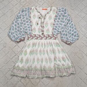 Oliphant Dress Womens XS Blue White Floral Mini Tie Front Folk Cottage Boho